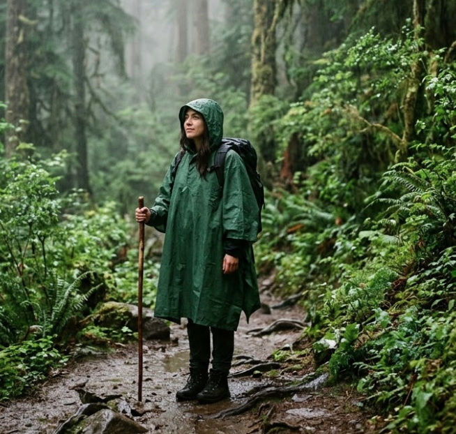 Woman in Northline raincoat on a forest trail